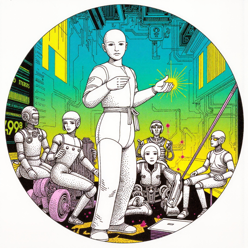 Menedżer w białym stroju koordynujący zespół robotów w futurystycznym laboratorium